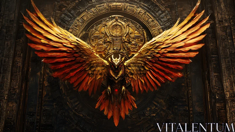Golden mechanical winged guardian against ornate wall.