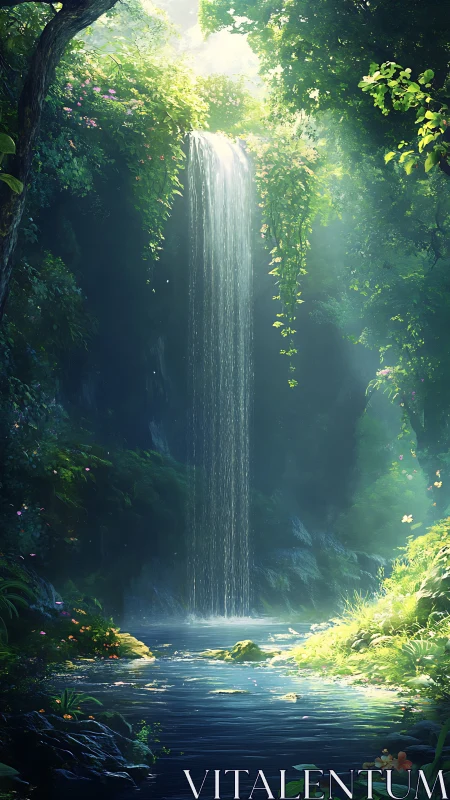Hidden waterfall cascades through verdant forest sanctuary.