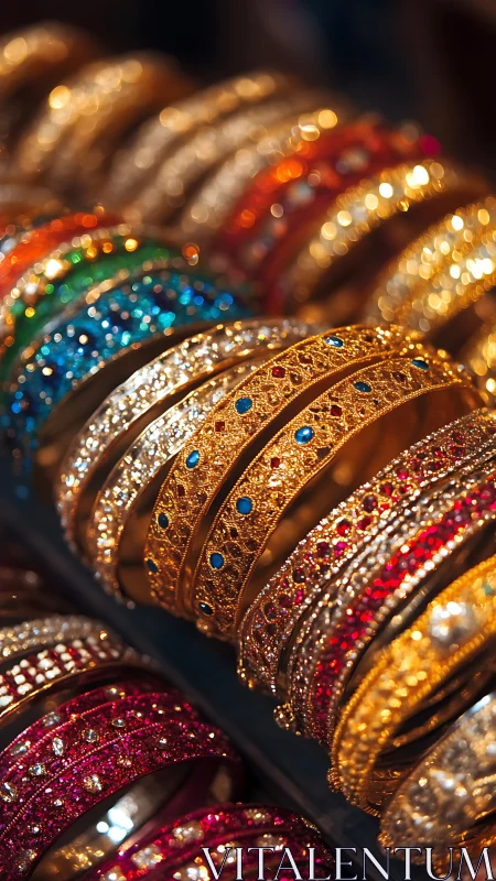 Ornate jewel-encrusted bangles in warm bokeh display.