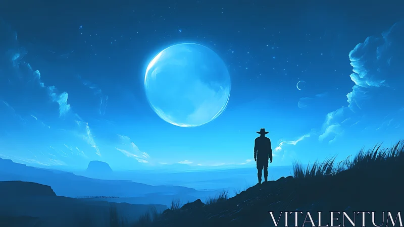 Lone wanderer under colossal blue moonlit frontier sky.