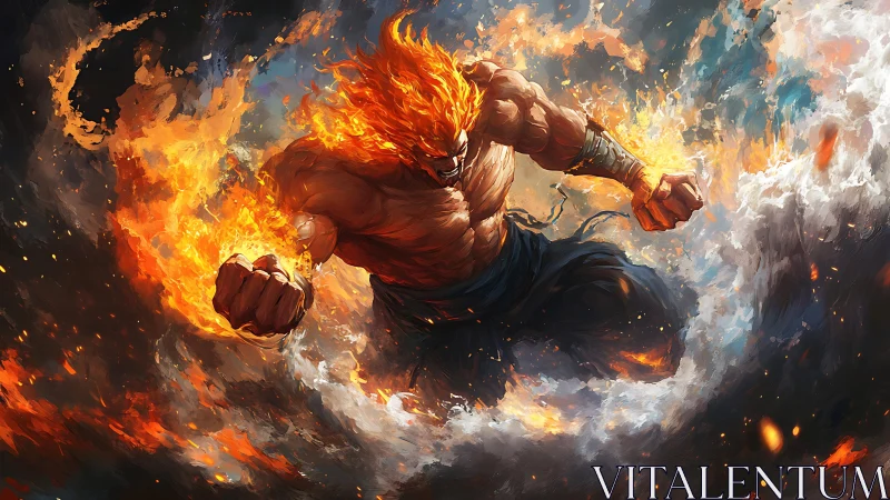 Flaming war god punches storm clouds into blazing submission