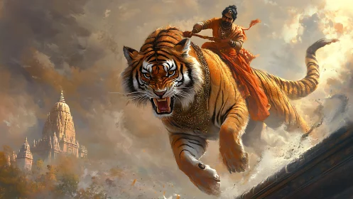 Dynamic warrior on armored tiger in mythic digital painting.