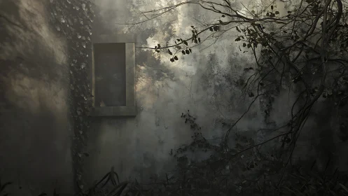 Decayed courtyard wall with spectral window and invasive vines.