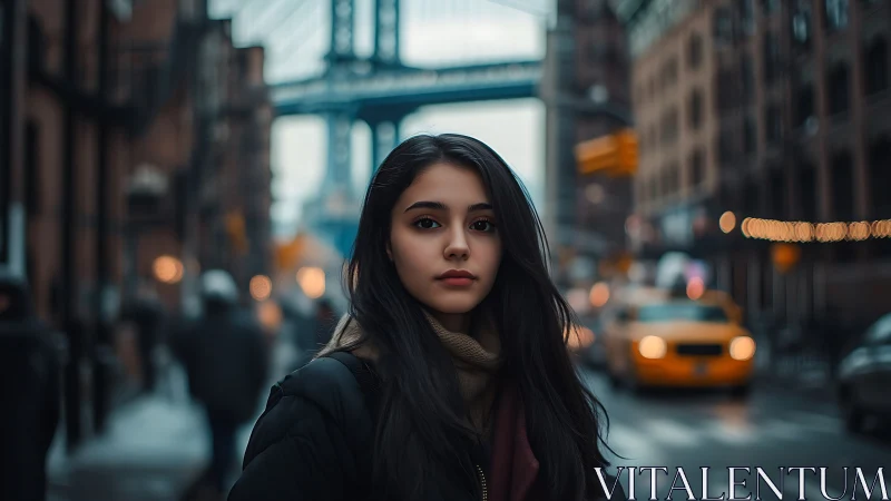 Young woman in winter coat against blurred city bridge backdrop.