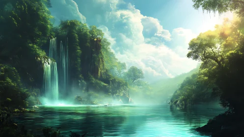 Sunlit emerald waterfall cove wrapped in misty forest.