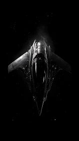 Stealth starfighter cuts through deep void in silhouette.