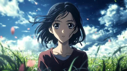 Wind-swept anime portrait in dynamic meadow lighting field.