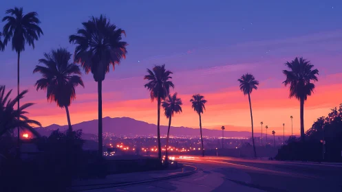 Sunset boulevard with silhouetted palms and gradient twilight sky