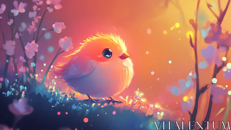 Digital painting of luminous songbird amid bokeh blossom field.