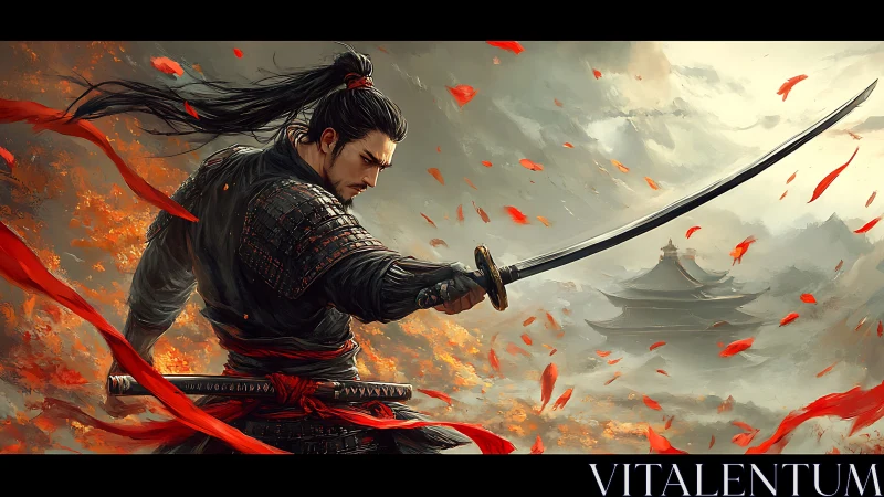 Stormlit samurai warrior amid swirling embers and petals.