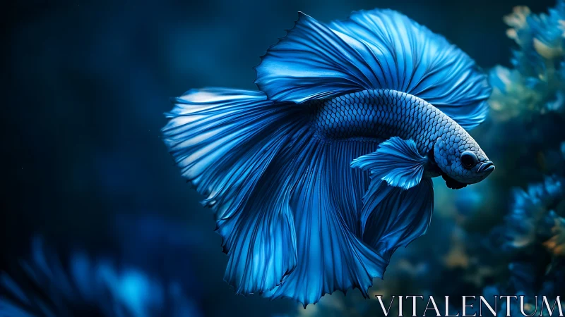 Cerulean betta fish gliding through moody aquatic depths.