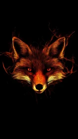 Flaming fox portrait emerging from darkness in neon fire.