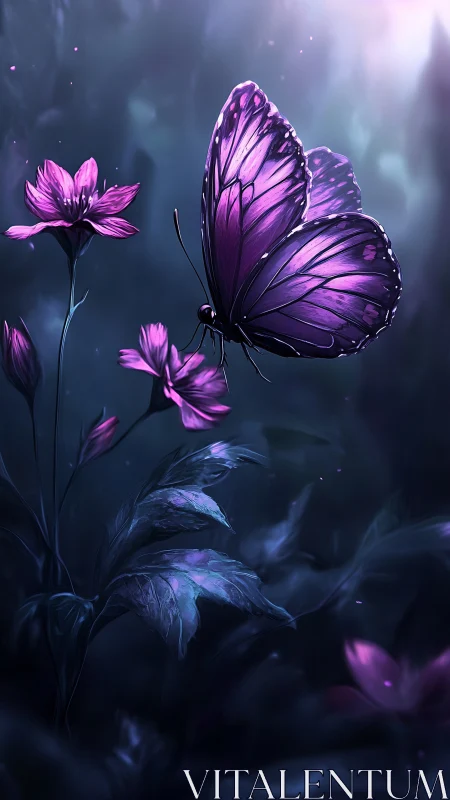 Violet butterfly rests on glowing flowers in twilight forest