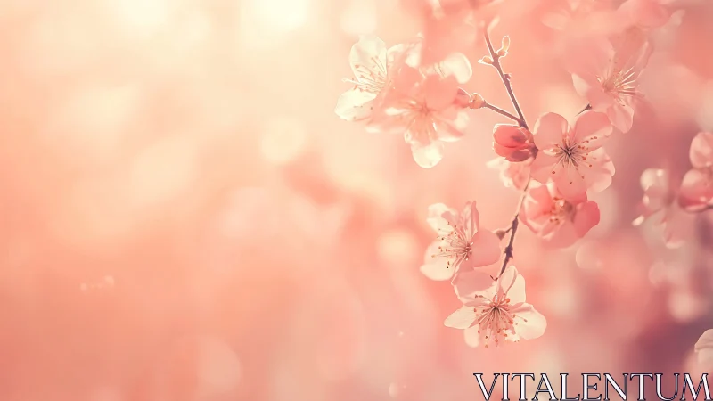 Shallow depth isolates pastel cherry blossoms in warm backlight