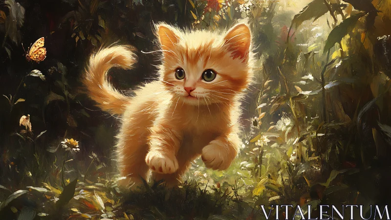 Adorable Orange Kitten Exploring a Sunlit Garden Path.