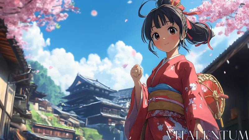 Kimono-clad girl under sakura in sunlit traditional street