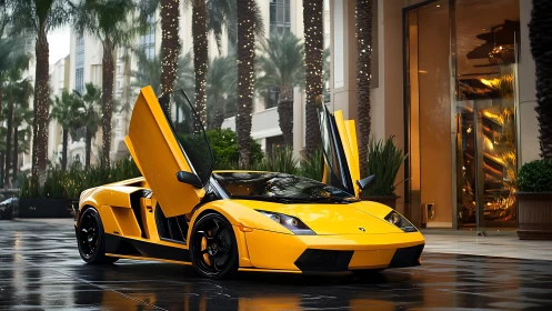 Yellow sports car with scissor doors on wet city street.