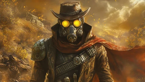 Postapocalyptic gunslinger stalks irradiated golden canyon.