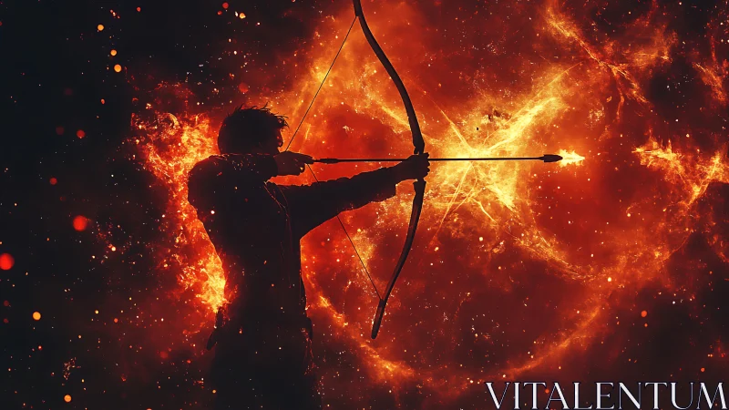 Archer silhouette unleashes a flaming cosmic arrow into space