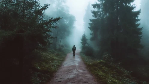 Cinematic forest pathway with solitary figure in misty depth.