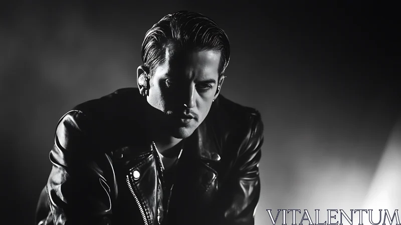 Moody portrait of man in leather jacket, dramatic light.