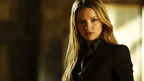 Confident Woman in Black Suit, Cinematic Lighting Portrait.