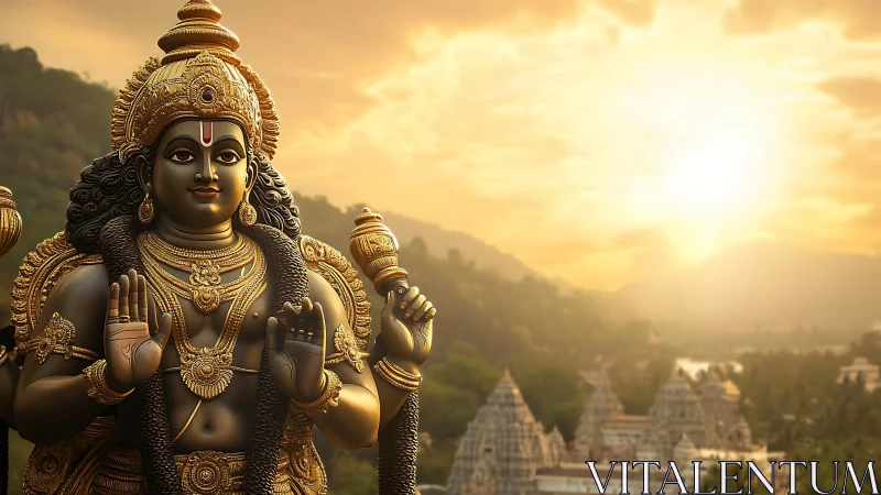 Sunlit Hindu deity sculpture with ornate gold detailing and bokeh