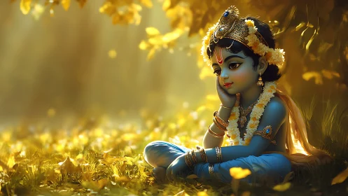 Golden forest daydream with divine blue child in blossoms.