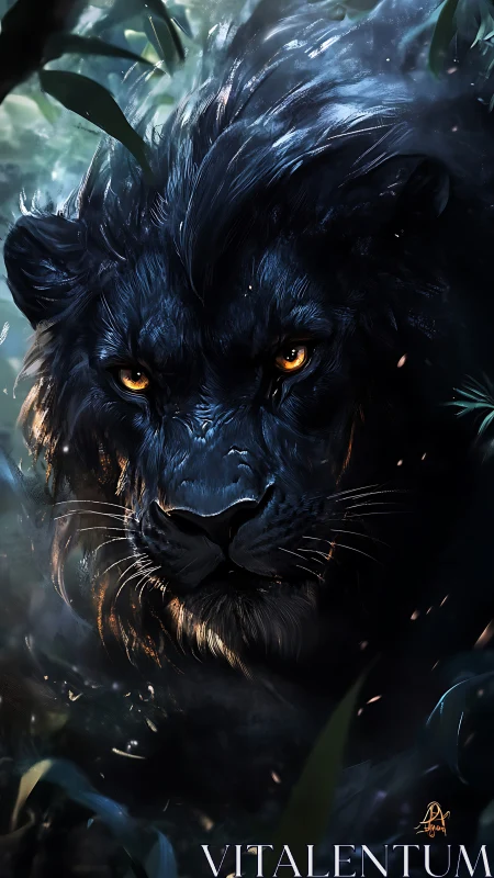 Black lion portrait emerging from dark jungle foliage