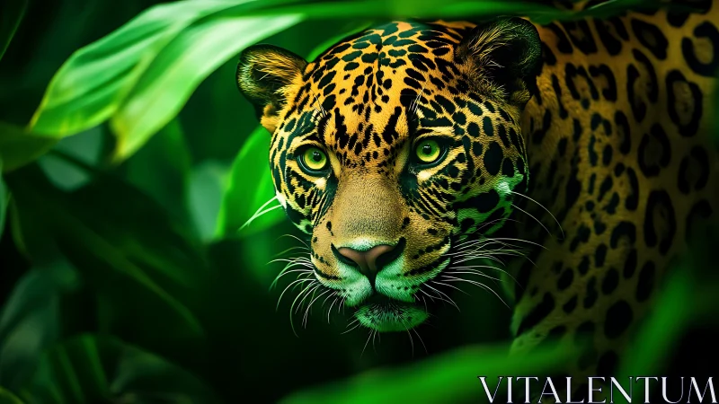 Leopard head rendered in dense green foliage with sharp detail