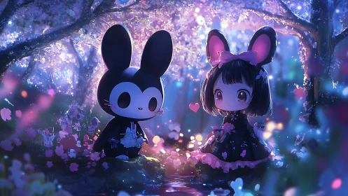 Chibi bunny companions under luminous cherry blossom canopy.
