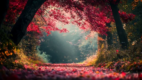 Tunnel Through Crimson Canopy in Autumn Forest.
