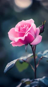 Single pink rose bloom is captured in vertical close-up