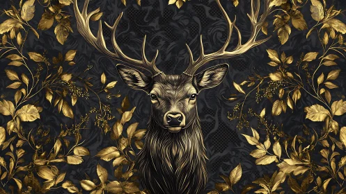 Gilded forest monarch stag framed in baroque golden leaves.