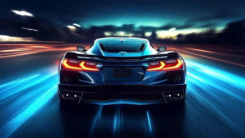 Rear three-quarter hypercar render on neon illuminated highway