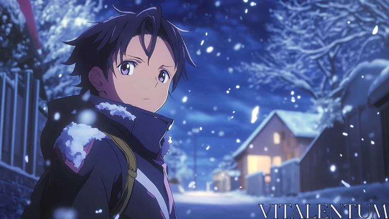 Snow-lit anime street scene with depth-of-field and soft bokeh lighting