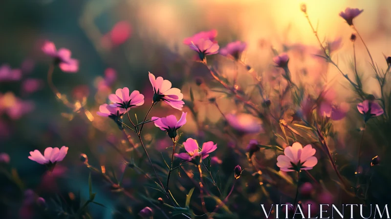Pink Cosmos Wildflowers at Golden Hour with Bokeh Depth of Field