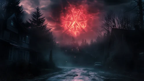 Red luminous sigil forms in stormy sky above empty street