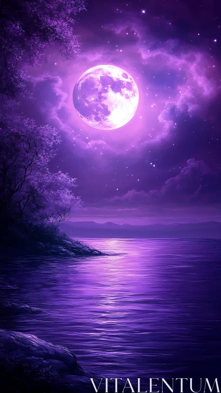 Purple full moon over calm water and shadowed shoreline.