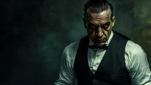 Photorealistic low-key portrait of bruised stern gentleman.