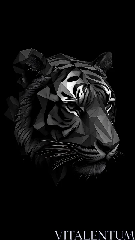 Geometric monochrome tiger portrait in faceted low-poly design.