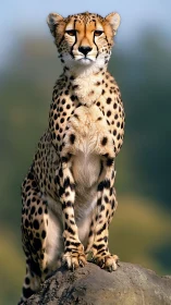 Cheetah seated on rock formation with blurred background.