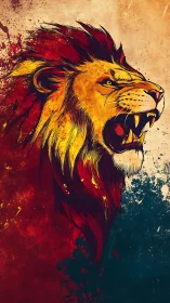 Roaring lion head slices through fiery abstract color field