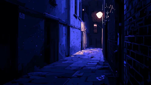Neon-lit urban alleyway glows in deep cinematic midnight blues