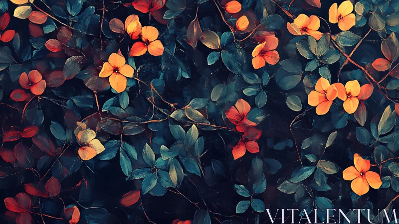 Midnight garden blossoms trade whispers with teal leaves