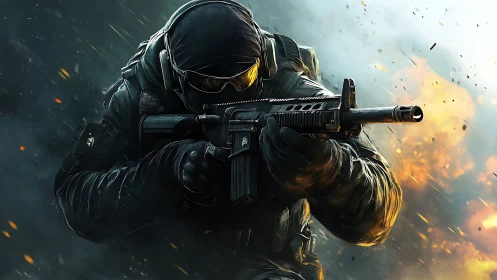 Storm-forged commando surges through fire and shattered sky.