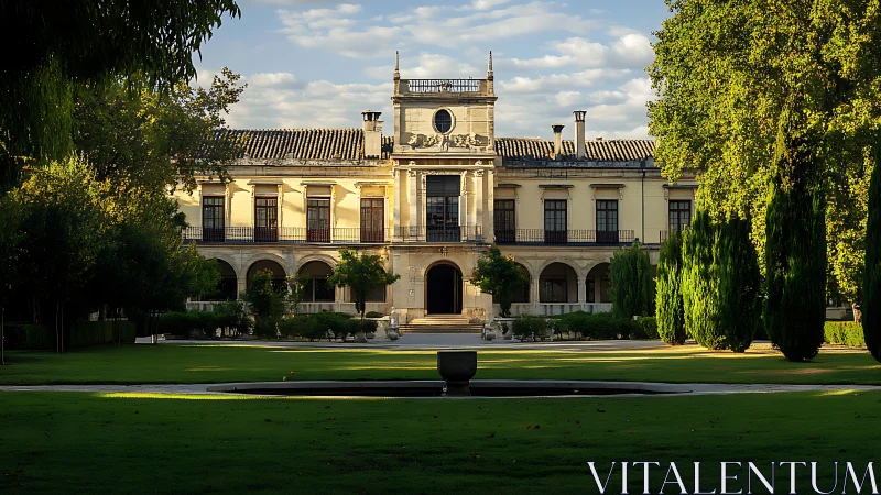 Neoclassical facade and axial garden under raking evening light.