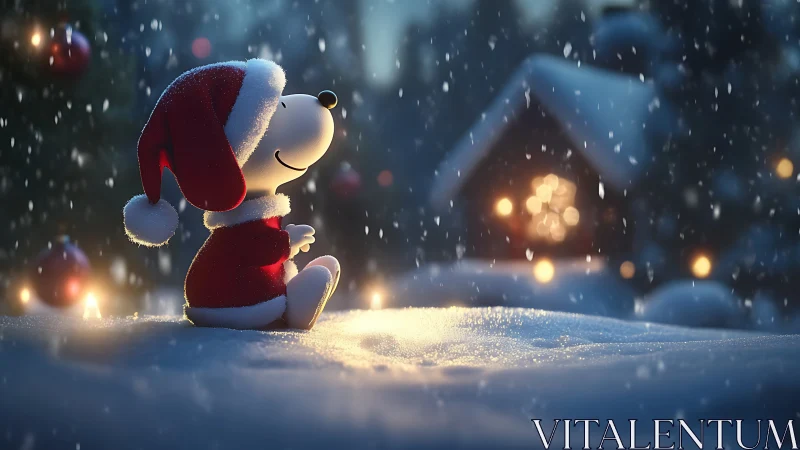 Cartoon dog in Santa outfit sits in snowy night scene