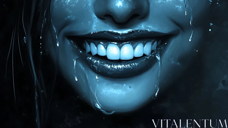 Moonlit grin dripping starlight, eerie and electric cool.