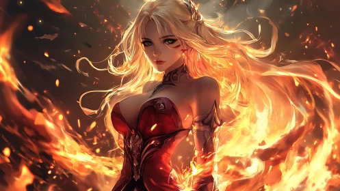 Blonde female figure in red armor amid surrounding flames.